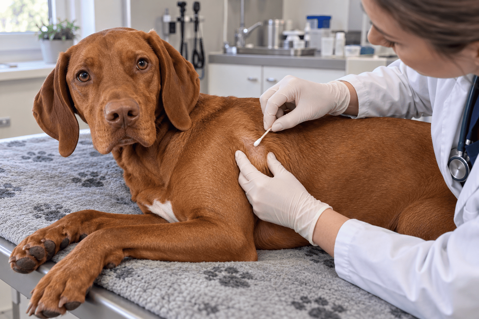 Veterinár odoberá psovi vzorku z malej kožnej zmeny